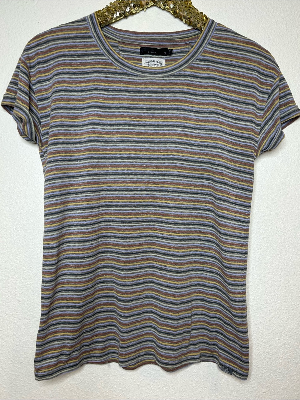 Prana Striped Rolled Cap Sleeve Crewneck Tee S - Picture 2 of 4